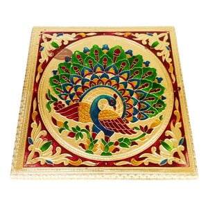 Peacock Designed Wooden Handmade Meenakari Rajwadi Chowki (10"X10"X2" INCH)-G.M.